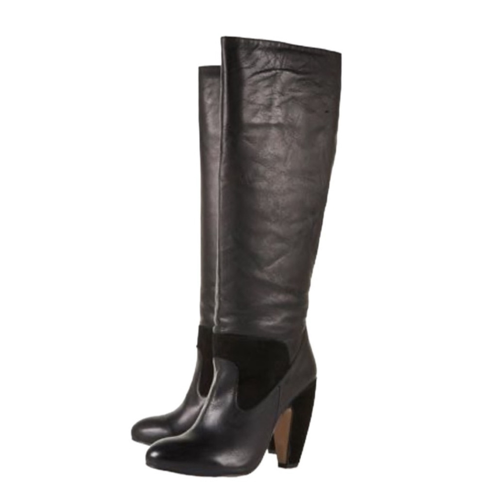 Topshop Black Leather and Suede Ballure Knee High Heeled Boots